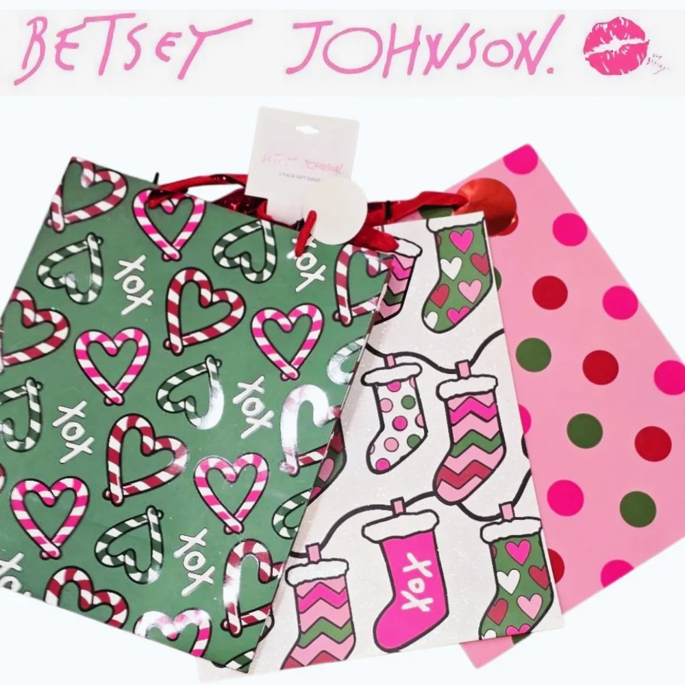 Betsey Johnson 3-PK Festive Candy Cane Heart and Stocking Gift Bags